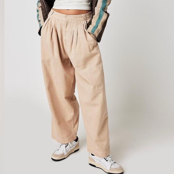 Free People Pants - Free People Lotta Love Linen Trousers Pebble Tan Wide Leg Pants Size‎ 4